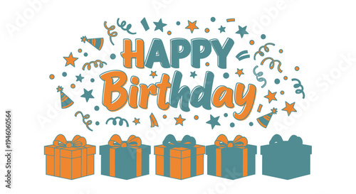 Set of 6 birthday gift icons and 'Happy Birthday' text vector