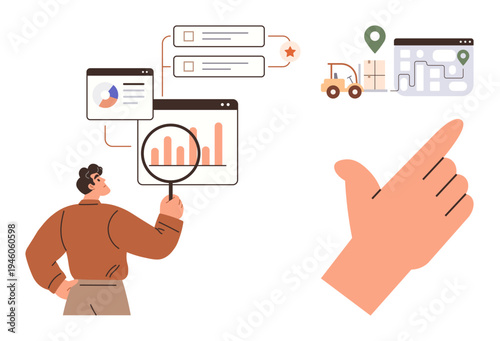 Data analytics, business strategy, logistics, supply chain, productivity, operational planning. Person examining charts, maps and icons. Data analytics and logistics concept