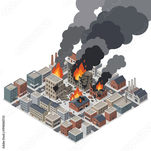 isometric vector illustration of a damaged city hit by a missile attack 006