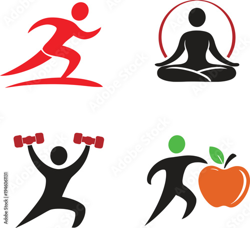 Fitness and healthy lifestyle icon set including running person, yoga meditation pose, weight lifting workout and healthy nutrition apple symbol. Perfect for gym, sports training, yoga studio, wellnes