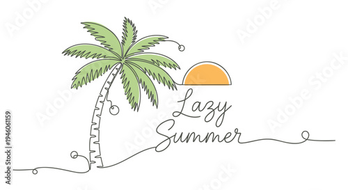 Vector illustration of palm tree, sun, and 'Lazy Summer' text