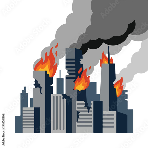 vector flat illustration of a damaged city hit by a missile attack 007