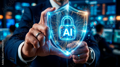 Man holding ai cybersecurity shield protecting data network