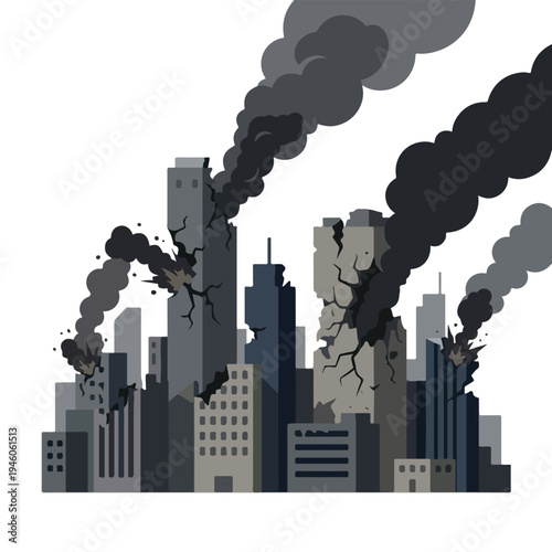 vector flat illustration of a damaged city hit by a missile attack 005