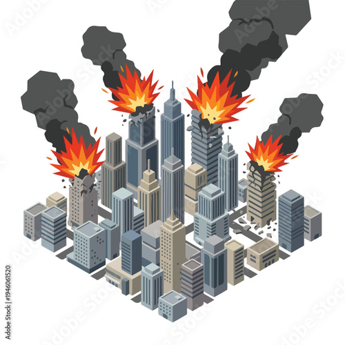 isometric vector illustration of a damaged city hit by a missile attack 8