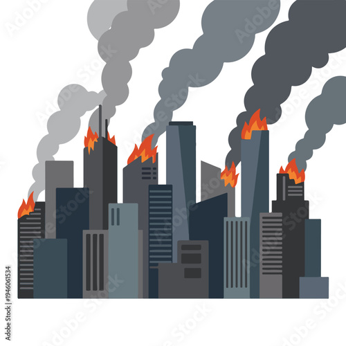 vector flat illustration of a damaged city hit by a missile attack 003