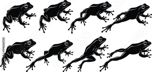 Frog, silhouette, vector, amphibian, nature, jumping, collection, wildlife, tropical, animal, toad, green, pond, leap, icon, isolated, graphic, design, aquatic, set.