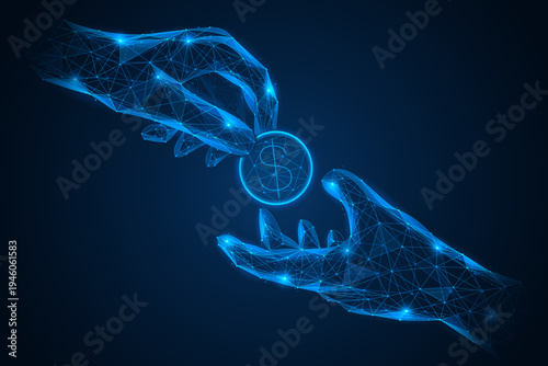 Digital money transfer from hand to hand. The concept of e-commerce, money transfers, charity, investments and secure online transactions. Polygonal design, blue background.