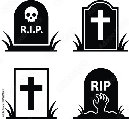 Gravestone RIP icon set, cemetery tombstone symbols collection, Halloween spooky grave illustration, death memorial vector silhouette design
