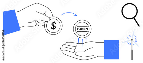 Hand passing dollar coin for TOKEN in other hand. Accompanied by wind turbine, magnifier. Ideal for finance, cryptocurrency, exchange, trade, renewable energy blockchain sustainability. Minimal