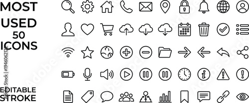 Most used interface line icon set, web UI symbols collection, user navigation editable stroke vector illustration pack