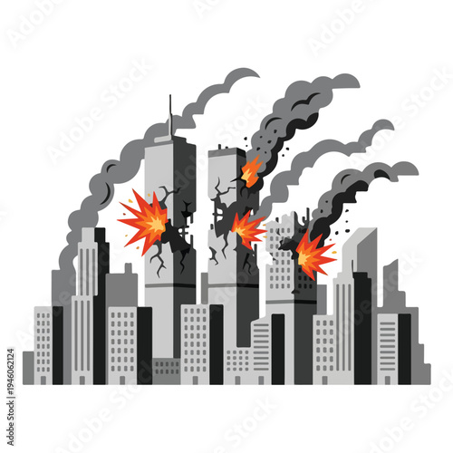 vector flat illustration of a damaged city hit by a missile attack 4