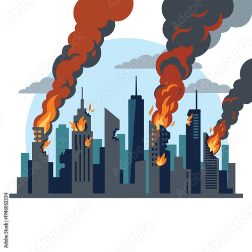 vector flat illustration of a damaged city hit by a missile attack 3