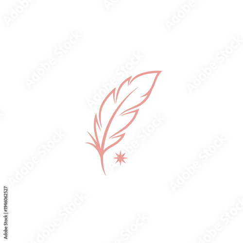 Minimalist rose gold feather logo on white background with star