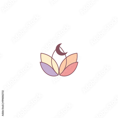 Lotus flower logo with crescent moon, serene and spiritual design, soft pastel colors