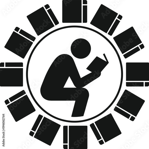 Reading education concept illustration, student studying books circle knowledge symbol, learning literacy study habit vector silhouette icon