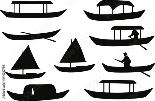 Traditional Asian boat silhouette set vector illustration