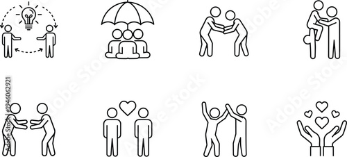 Teamwork support line icon set, people helping collaboration care community symbols collection, social partnership editable stroke vector illustration