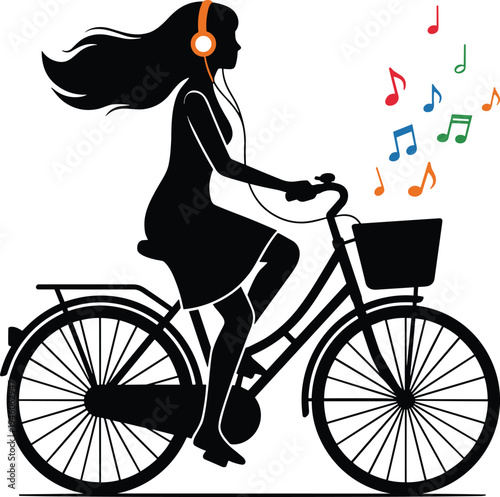 Woman riding bicycle listening to music with headphones, female cyclist silhouette, urban commuting lifestyle, healthy transport, freedom concept illustration