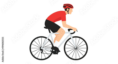 A cyclist in red and black rides a bicycle wearing a helmet