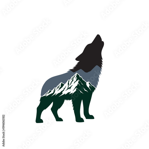 Howling Wolf Silhouette with Mountain Landscape Double Exposure.