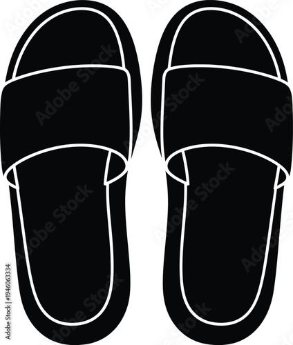 Black silhouette of a pair of comfortable summer slide sandals shown from a top-down view