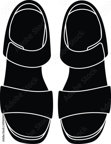 Top view of a pair of black minimalist sandals with thick straps and a flat sole
