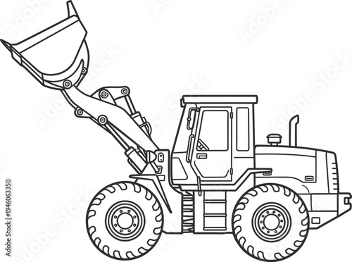 A line drawing of a front loader or wheel loader construction vehicle