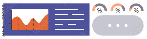 Data analysis, financial review, business intelligence, performance metrics, analytics dashboard, information management. Graph and percentage bars. Data analysis and financial review concept
