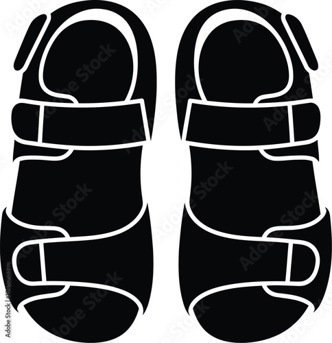 Black and white silhouette icon of a pair of comfortable summer sandals with adjustable straps