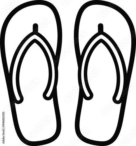 Simple black line art illustration of a pair of summer beach flip flops for travel.