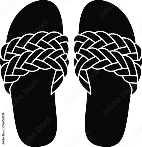 Pair of black minimalist slide sandals with stylish braided straps for summer beach wear