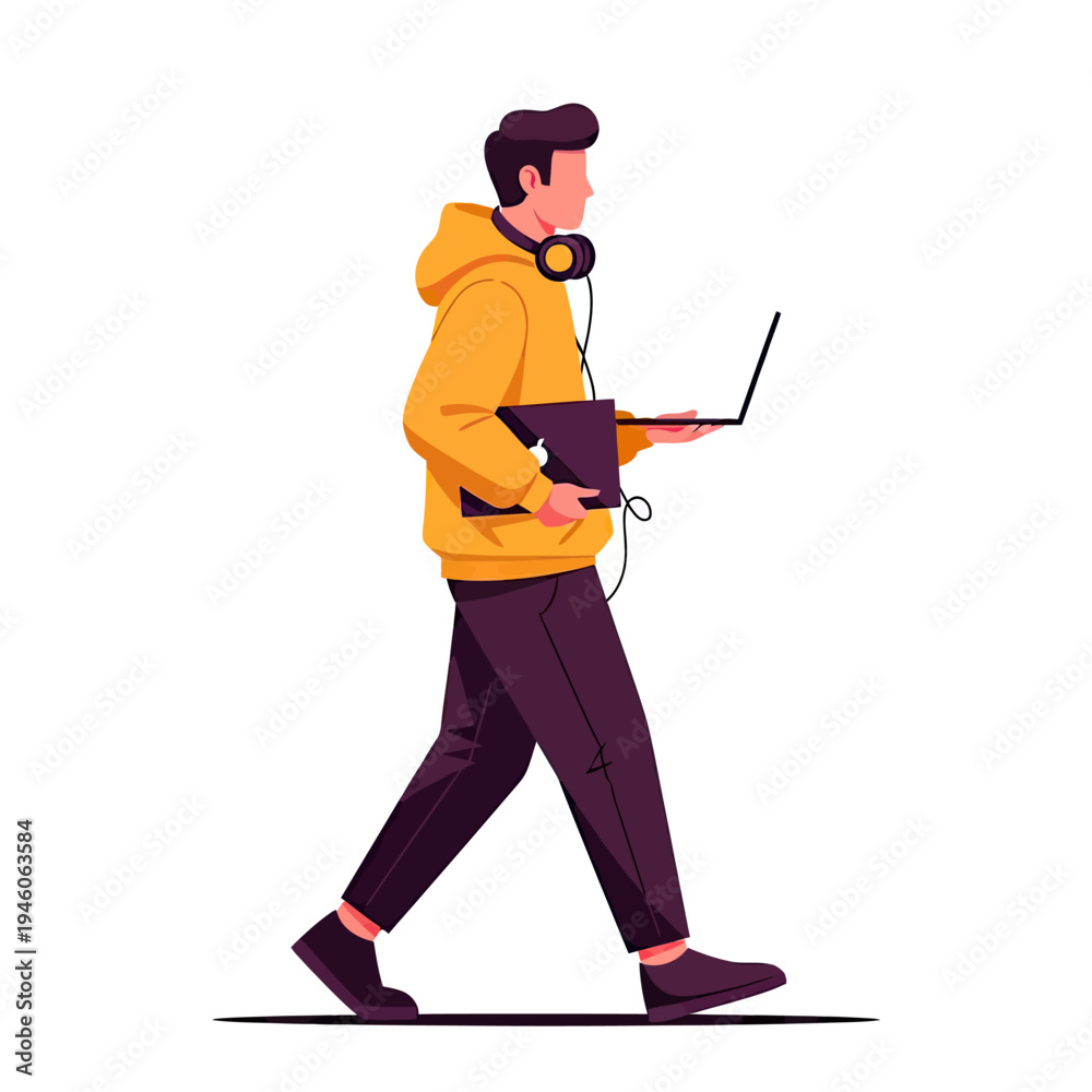 Fototapeta premium Young Professional Walking with Laptop and Headphones, Embracing Digital Work