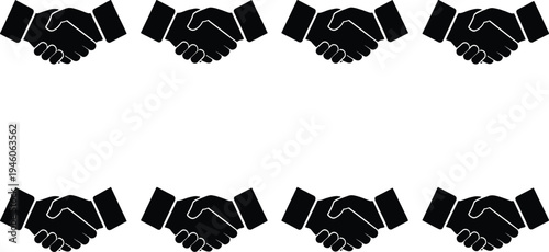 Eight black silhouette handshake icons arranged in two rows of four, symbolizing agreement, partnership, and business deals.