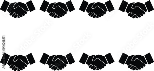 Eight black silhouette handshake icons arranged in two rows of four, symbolizing agreement, partnership, and business deals.