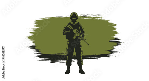 Graphic illustration of a determined military soldier, ready for duty and protection, with a rifle