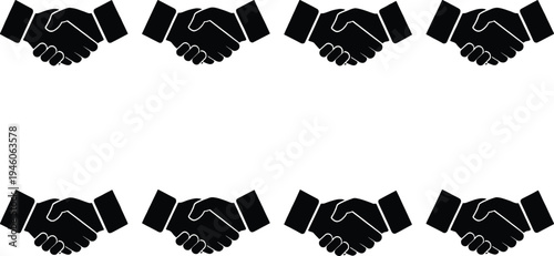 Eight black silhouette handshake icons arranged in two rows of four, symbolizing agreement, partnership, and business deals.