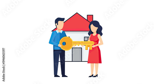 Couple receiving golden key to new home, symbolizing successful property ownership and real estate goal