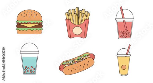 Assortment of Popular Fast Food Meals and Refreshing Beverage Illustrations
