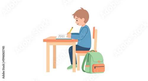 Young Boy Student Studying and Learning Diligently at School Desk with Pencil and Notebook Illustration