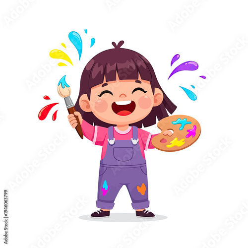 Joyful Young Girl Painter Creating Colorful Art with Brush and Palette, Expressing Happiness