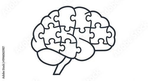 A black and white line drawing of a human brain constructed from puzzle pieces
