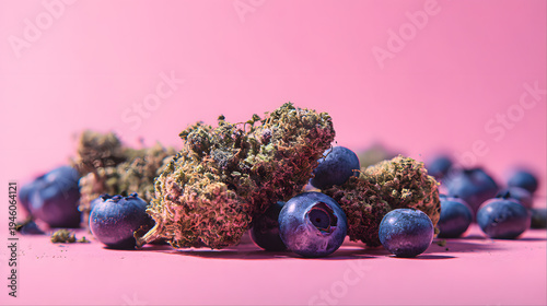 Blueberry Infusion: A captivating close-up showcases vibrant, fresh blueberries alongside textured nuggets, all artfully arranged against a harmonious backdrop. 