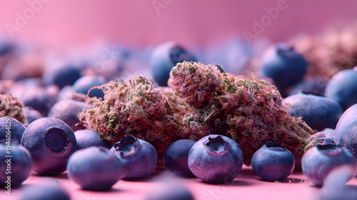 Blueberry Fusion: A close-up shot unveils a vibrant display of fresh blueberries, artfully juxtaposed with a sprig of herb, set against a soft, pink backdrop.