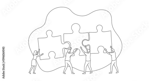 Teamwork concept people connecting puzzle pieces within a cloud shaped outline