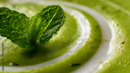 Minty Green Delight: A close-up shot captures the vibrant swirl of a creamy green soup, adorned with a fresh mint leaf, evoking a sense of freshness and culinary artistry.