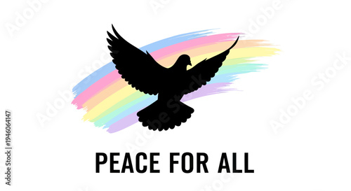 Elegant dove silhouette with a colorful rainbow arc, advocating global peace and harmony