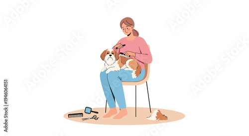 Person Tenderly Grooming a Cute Canine with Brushes and Tools for Pet Care
