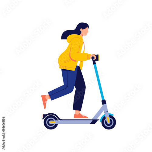 Young woman enjoying an eco-friendly urban commute on a kick scooter