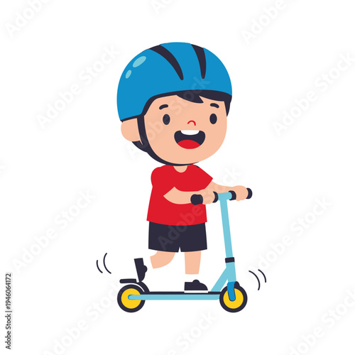 Happy Little Child Riding Scooter Safely While Wearing Protective Helmet